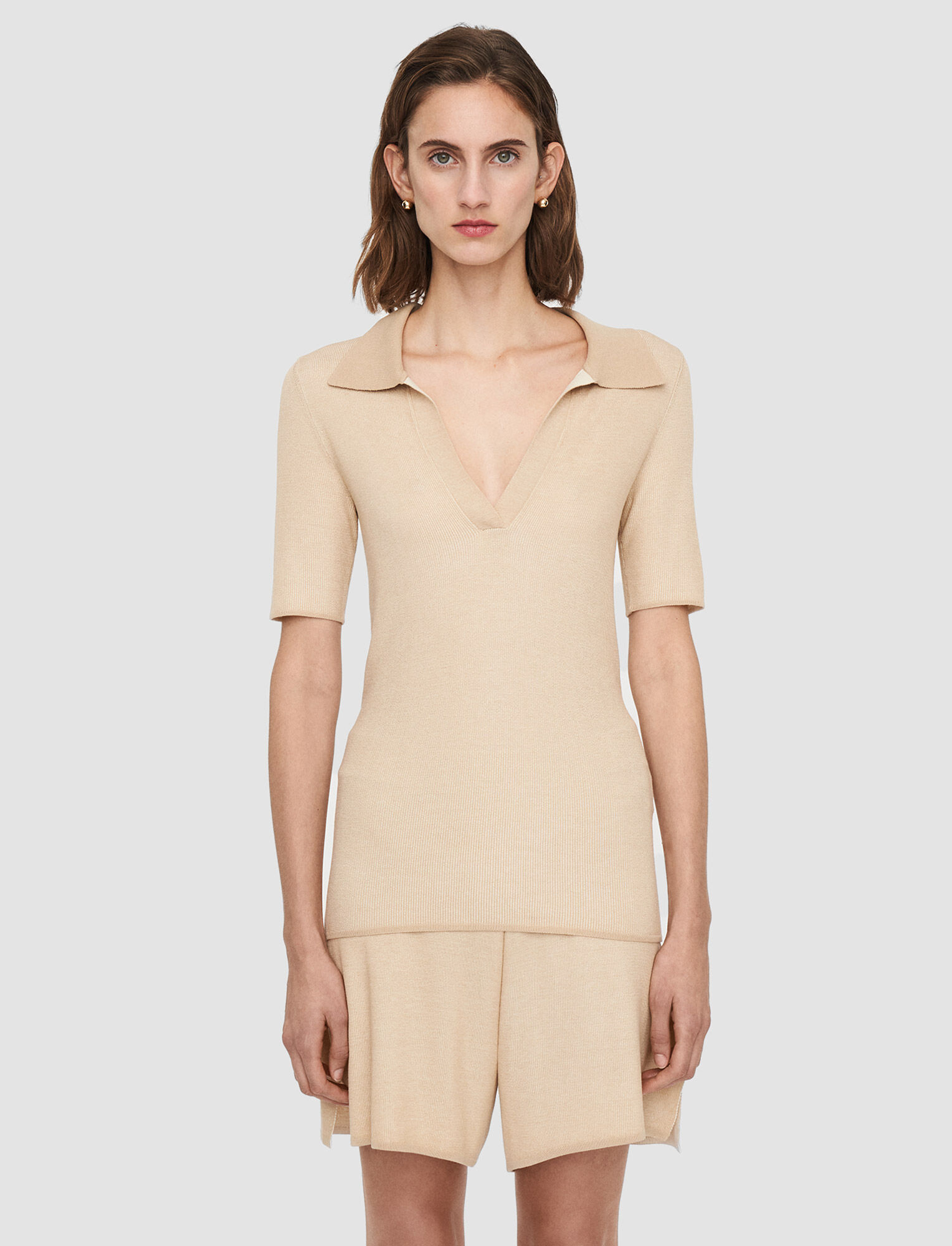 Joseph, Plated Knit Polo Top, in Desert Combo
